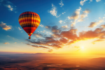 Golden Hour Ascent: Hot Air Balloon Soars Against the Sunset Sky, a Captivating Display of Tranquil Adventure