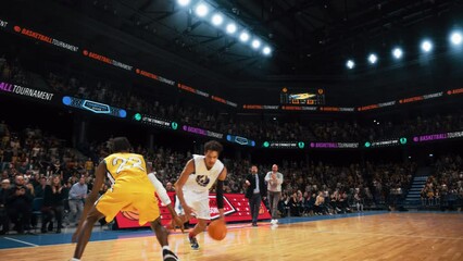 Slow Motion Replay Footage with Two International Teams Playing Basketball at an Arena Crowded with Spectators. White Team Pass the Ball, Player Scoring a Beautiful Goal During an Intense Game - Powered by Adobe