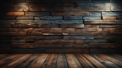 Studio background,Old Wood wall texture with washed wooden panel striped with grain surface floor,Horizon Backdrop Product Display Presentation,Generative Ai