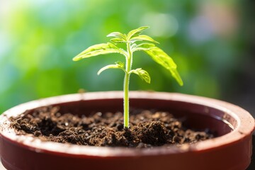 close-up view of a tomato seedling growing in a small pot