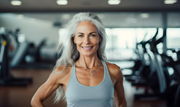 femme de 50 ans ou 60 ans, plutôt musclée, souriante, dans une salle de sport © Fox_Dsign