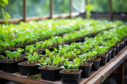 seedlings arranged in rows in a greenhouse