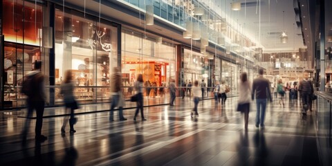 A busy shopping center, people walking with blurred motion - obrazy, fototapety, plakaty