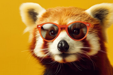 Funny red panda in shades, agile and arboreal. Found in the Himalayas of Bhutan, Nepal, and India. Small, furry, and cute with a unique diet. AI Generative.