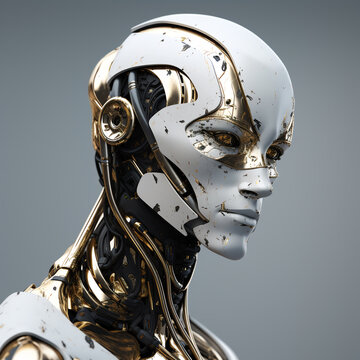 close-up of a robot man's head, a male cyborg with metal chips and gold elements, detailed 3D graphics