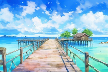 Obraz premium 海とビーチの南国リゾートのイラスト「AI生成画像」