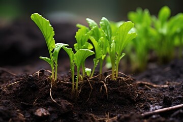 close-up of green sprouts emerging from rich, dark soil