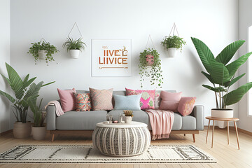 Boho cozy living room design, bright wall mockup, 3d render, 3d illustration. Modern living room