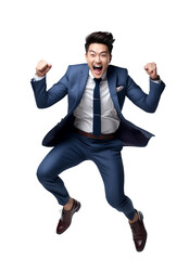 Asian businessman jumping with joy On transparent background png