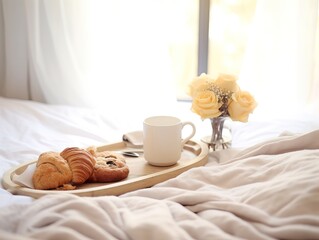 Fototapeta na wymiar Beautiful cozy breakfast in bed, home bedroom interior with bright morning light, healthy food on decorated tray, weekend meal