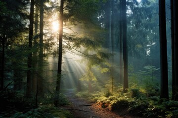 Naklejka premium a forest covered in early morning mist with sunlight piercing through
