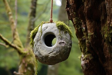 a stone with a hole, hanging from a tree branch with a string