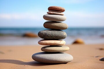 Fototapeta na wymiar a stack of flat, round stones balanced on a sandy beach