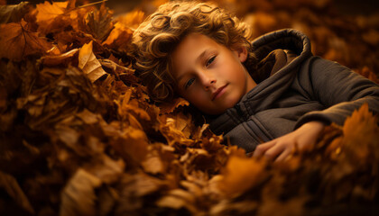 child lying on a pile of fall leaves