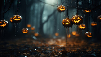Jack o lantern decoration, blurry and moody halloween background