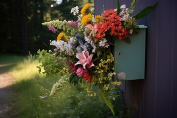 Fototapeta na wymiar a bright bouquet of wildflowers protruding from an open mailbox
