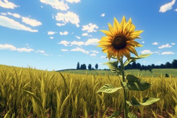a single tall sunflower in a field of short grass