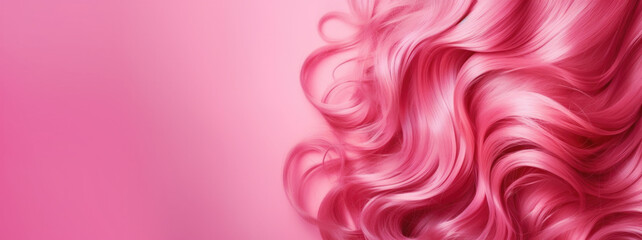 Hair style banner. Close up of pink woman's hair on pink background. Glossy wavy hair