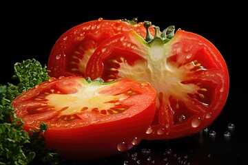 a close-up of a juicy tomato cut in half