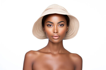 Fototapeta premium A Woman With A Hat On Her Head On A White Background . Сoncept Womens Fashion, Bold Colors, Personal Style, Making A Statement. Сoncept Women In Expressionistic Art, Line, Texture And Color