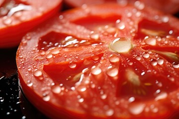 a close-up shot of a sliced red tomato with water droplets