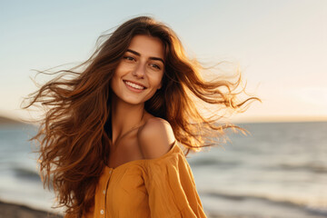 Radiant Young Woman Model By The Sea . Сoncept Sunkissed Skin, Breezy Beach Attire, Beachside Photoshoot, Youthful Natural Glow. Сoncept Seaview Photoshoots, Young Women Modeling, Radiant Beauty