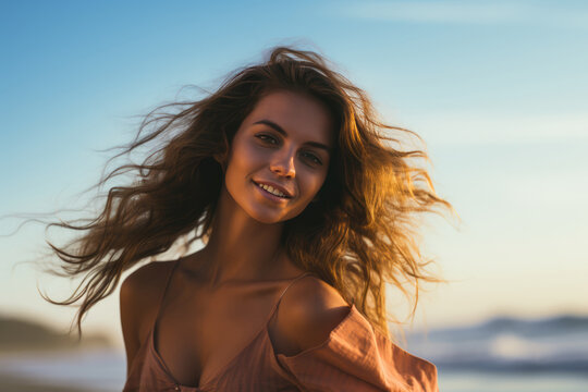 Radiant Young Woman Model Against The Sea . Сoncept Radiant Confidence, Seaside Lookbook, Empowering Youth, Sustainable Styling. Сoncept Power Of A Smize, Proudly Representing Diversity