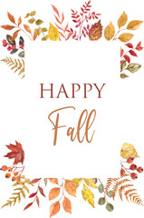 Fototapeta premium Fall floral rectangle frame on white background, Watercolor autumn foliage, and leaves botanical border.
