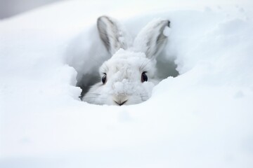 a rabbit burrowing under the snow during a blizzard - obrazy, fototapety, plakaty