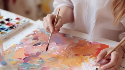 Obraz na płótnie Canvas Creative pensive painter paints a colorful picture