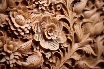 close-up of a detailed carving on a hardwood panel
