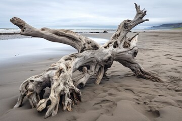 Fototapeta premium detailed shot of weathered driftwood washed up on a sandy beach