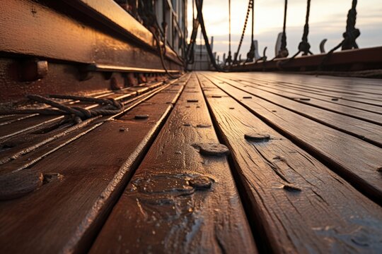 a close-up of wooden planks of a ship deck
