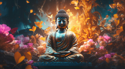abstract a painting of a colorful glowing golden buddha - obrazy, fototapety, plakaty