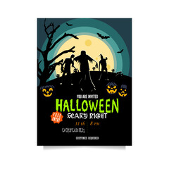 Halloween party invitation with zombies, bats, pumpkins in full moon