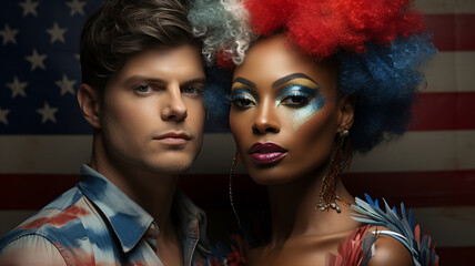 Fototapeta premium Happiness freedom african american woman with make up face and a man,Portrait studio shot on American flag ,Generative Ai
