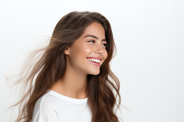 Vivacious Young Woman Model On A White Background . Сoncept Modeling, Confidence Vulnerability, Youthful Beauty, Being A Role Model. Сoncept Bold Beauty Embracing Yourself