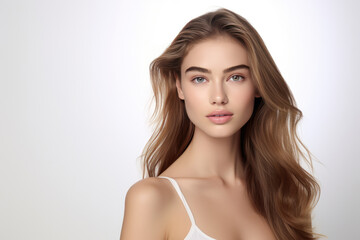 Naklejka premium Youthful Young Woman Model On A White Background . Сoncept Youthful Beauty, Young Models, Camera Ready Makeup, Whites In Fashion