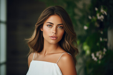Naklejka premium Elegant Young Woman Model Natural Background . Сoncept Styling Your Natural Look, Style On A Budget, Empowering Elegance, Modeling As Self Expression