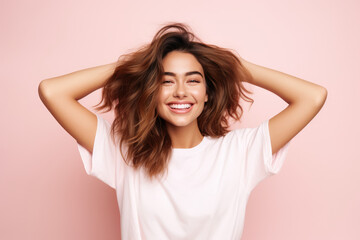 Fototapeta premium Energetic Young Woman Model On A Pastel Background