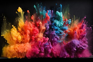 rainbow of powder dyes caught mid-explosion on a black background