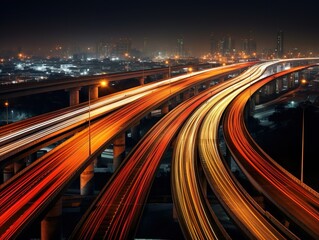 Fototapeta na wymiar Long exposure photo of a highway at night. Generative AI