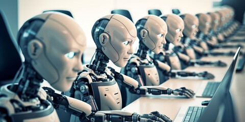 Many identical AI robots sitting at desk in the office and working with computers.