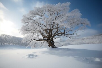 An otherworldly winter scene with a sentimental snow-clad tree. Generative AI