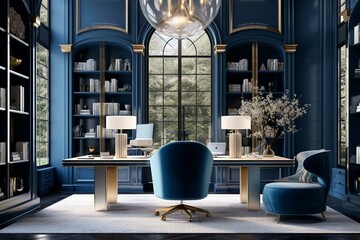 Sophisticated blue workspace in a luxurious home office. Rendered in three dimensions. Generative AI