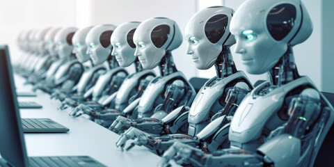 Many identical AI robots sitting at desk in the office and working with computers. - obrazy, fototapety, plakaty