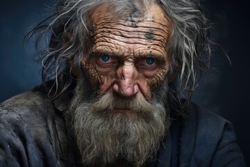 Portrait of homeless angry aged man with beard, frowning and looking at camera. Senior old man with unkind expression on his face.