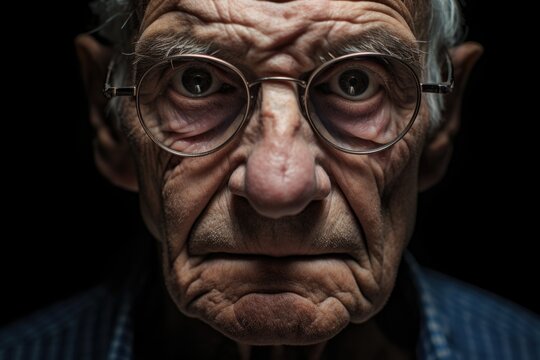 Portrait of grumpy elderly man in glasses frowning and looking at camera. Face of senior old man close-up.
