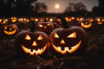 Carved pumpkins for halloween smiling on ground under big moonlight. Big moon on background. Bats on the sky