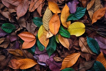 top view of vibrant, multi-colored autumn leaves on forest floor